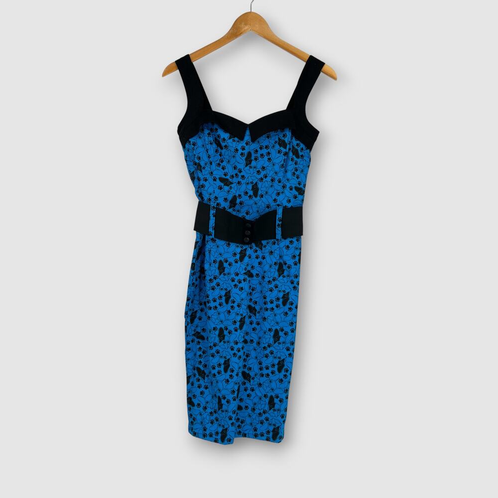 Switchblade Stiletto Blue French Bulldog Print Dress Belted Pinup Size Small NWT - Picture 2 of 7